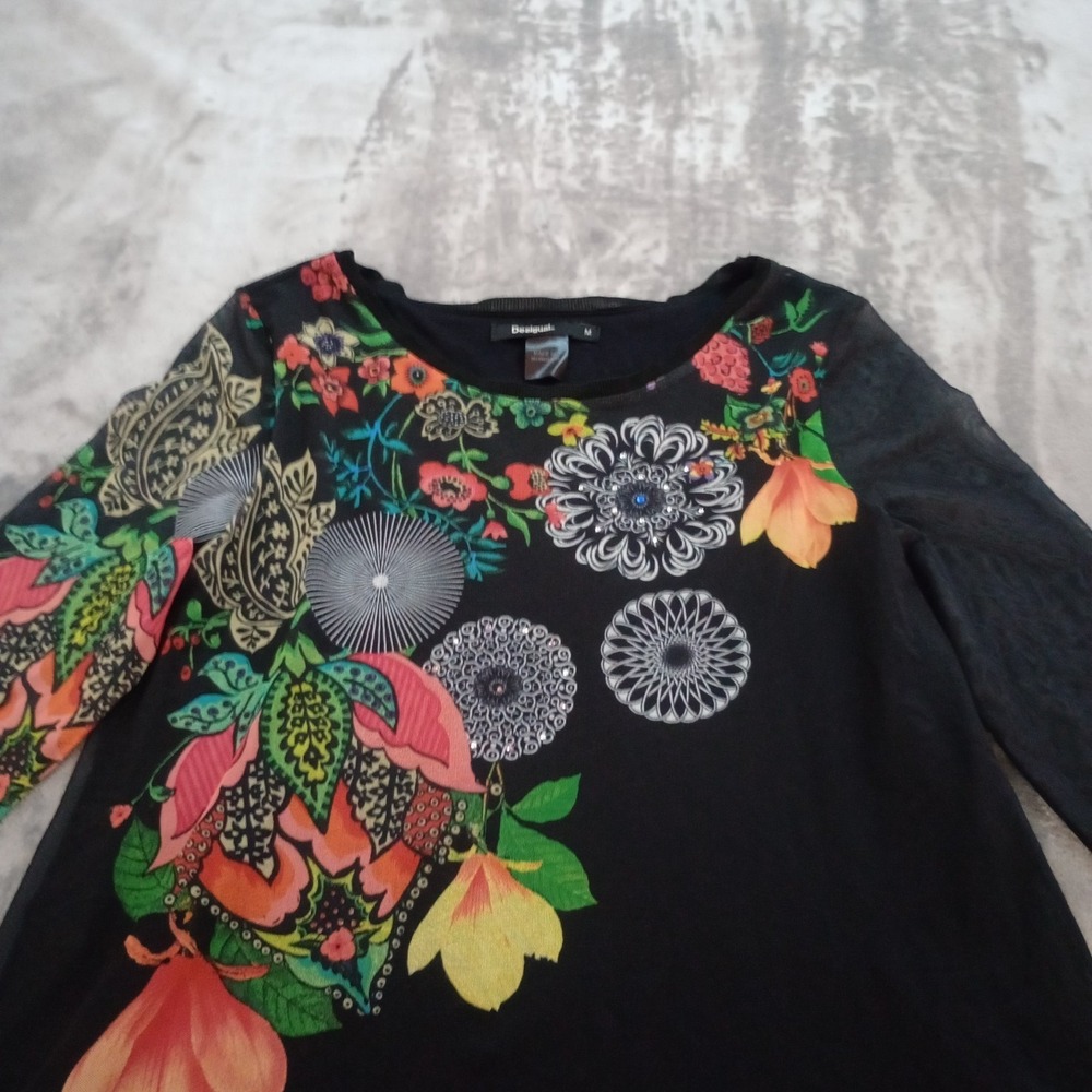 Desigual Womens‎ Floral Tunic Top Size Medium 3/4 Sleeve Boho Artsy Fairycore - Picture 3 of 16